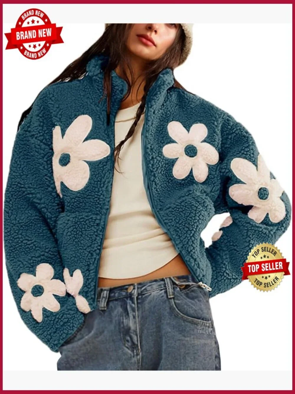 Women's Floral Sherpa Fleece Cropped Jacket with Pockets